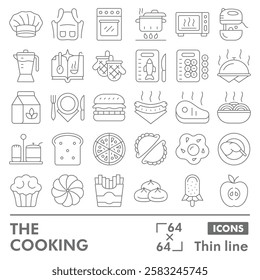 The cooking symbols collection or sketches. Cooking and bakery theme icons in thin line style signs for web and app. Vector graphics isolated on white background
