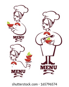cooking symbols, food and cartoon woman chief silhouettes, vector collection emblems for your menu