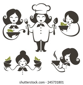 símbolos culinarios, siluetas principales de mujeres culinarias, emblemas de colección vectorial para el menú