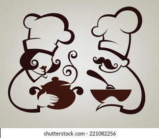 símbolos de cocina, siluetas de cocina y de chef, emblemas de colección vectorial para el menú