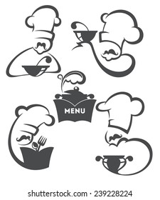 cooking symbols, food and chef silhouettes, vector collection emblems for your menu