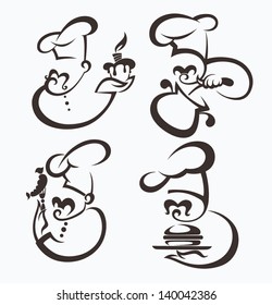 cooking symbols, food and chief silhouettes, vector collection