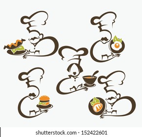 cooking symbols, food and chief silhouettes, vector collection