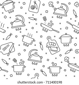 Cooking symbols seamless pattern. Tiling textures with thin line black and white icon set