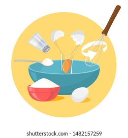 Cooking tasty pancake for breakfast. Baking in the kitchen. Delicious dessert made of egg and flour. Isolated vector flat illustration