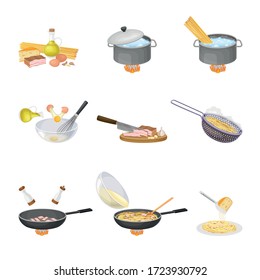 Cooking Tasty Pasta Carbonara Steps with Boiling in Saucepan and Dressing with Cheese Vector Set