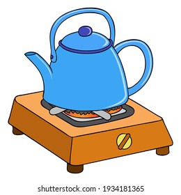 cooking teapot on stove with water, vector illustration, isolated on white background, utensil top view