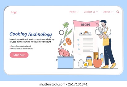 Cooking technology landing page. Man with pot with chicken and vegetables. Culinary master class. Young guy with recipe. Poster or banner for website. Linear vector illustration