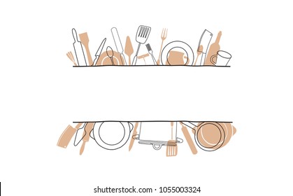 Cooking Template Frame with Hand Drawn Utensils and Plase for your Text. Background with Cutlery for Design Works. Vector  illustration.