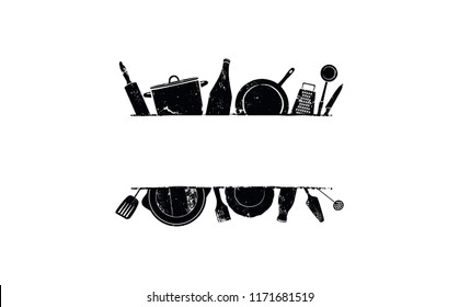 Cooking Template Frame with Hand Drawn Utensils and Plase for your Text. Background with Cutlery for Design Works. Vector illustration.
