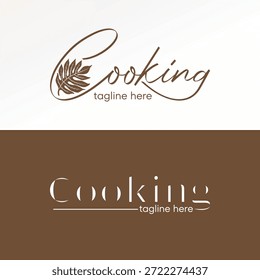 Cozinhar texto fonte manuscrita com folha floresta tropical vegan ao ar livre botani logotipo design gráfico conceito criativo premium vetor imagem de stock top sell
