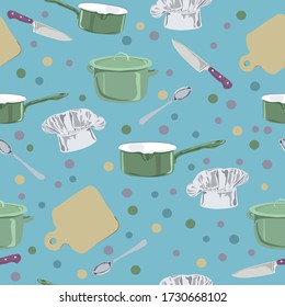 Cooking theme background seamless funny  pattern with cooking equipment utensil kitchenware
