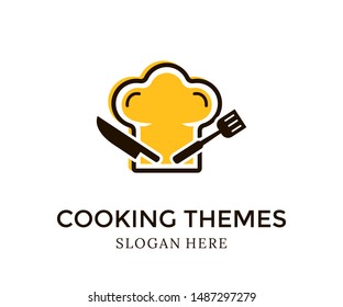 Cooking Themes logo design template. Cooking logo Vector illustration. Frying pan. Kitchen utensils. Fork, spoon and knife  icons. Recipe book, chef hat and cutting board. Frying, hot pan. 