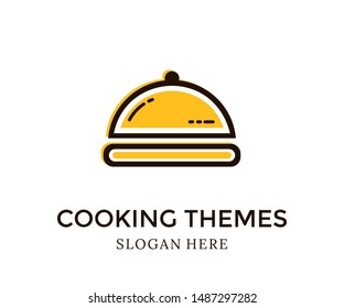 Cooking Themes logo design template. Cooking logo Vector illustration. Frying pan. Kitchen utensils. Fork, spoon and knife  icons. Recipe book, chef hat and cutting board. Frying, hot pan. 