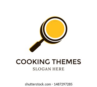 Cooking Themes logo design template. Cooking logo Vector illustration. Frying pan. Kitchen utensils. Fork, spoon and knife  icons. Recipe book, chef hat and cutting board. Frying, hot pan. 