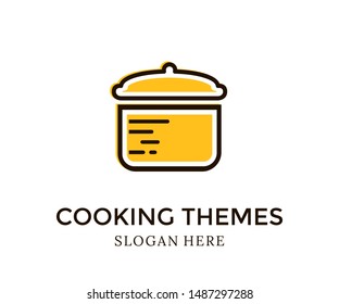 Cooking Themes logo design template. Cooking logo Vector illustration. Frying pan. Kitchen utensils. Fork, spoon and knife  icons. Recipe book, chef hat and cutting board. Frying, hot pan. 