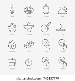 Cooking Thin Line Icon Set. Rice, Soup, Boil, Time, Hot, Stir, Fry, Booster, Grill, Up, Down, Power, Steam, Pause, Menu And Temp Iconic Pictogram. Editable Stroke