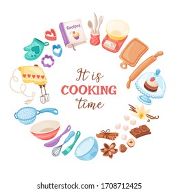 Cooking Time Banner. Baking Utensils Circle Composition Isolated On White Background. Poster With Cartoon Kitchen Tools.