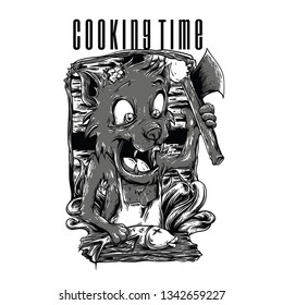 Cooking Time Black and White Illustration