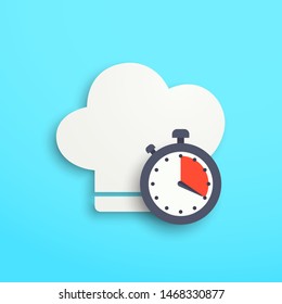 Cooking time. Chef hat and stopwatch 20 min. Cooking food label. Web icon, symbol, logo. Cooking concept. Vector illustration. EPS 10