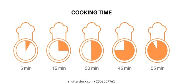 Konzept der Kochzeit. Countdown-Zeitungen mit Kochmütze. Verschiedene Uhrzeiten. 5, 45 und 55 Minuten Symbole, Viertelstunde. Stoppt das Uhrenkonzept. Küchenzähler, flache Vektorgrafik