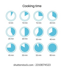 Cooking time concept. Countdown timers collection. Different time on watch.5, 10, 15, 20 minutes icons, quarter, half and whole hour. Stopwatch concept. Counter for kitchen, flat vector illustration