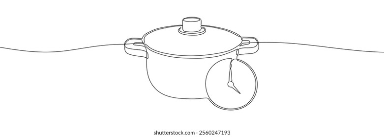 Cooking time. Cook time of the dish in the pot. Continuous line drawing vector illustration