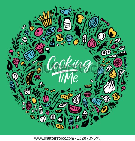 Cooking Time doodle sticker set with handdrawn lettering phrase