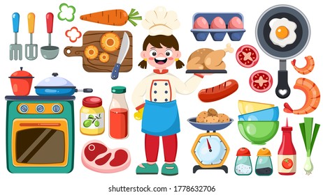 Cooking time. Girl character cook. Vector flat cartoon illustration. Set of objects for cooking. 