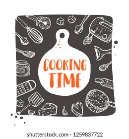 Cooking time. Hand drawn vector illustration. Can be used for badges, labels, logo, bakery, street festival, farmers market, country fair, shop, kitchen classes, cafe, food studio.