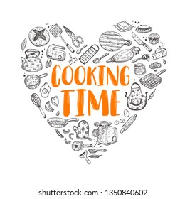 Cooking time. Heart. Hand-lettering phrase. Vector illustration for badge, logo, bakery, street festival, farmers market, country fair, shop, kitchen classes, food studio