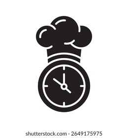Ícone de tempo de cozinha com um chapéu de chef e um relógio para preparação de alimentos instrução de receita de temporizador e gestão de cozinha de restaurante para serviço de refeições vetor ícone de glifo sólido