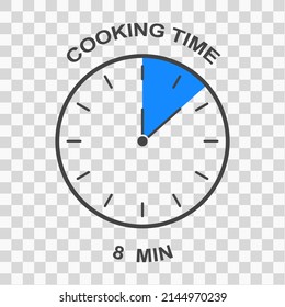 Icono de tiempo de cocina. Cara de reloj con intervalo de tiempo de 8 minutos. Símbolo de temporizador. Elemento infográfico para las instrucciones de preparación de alimentos aisladas en fondo transparente. Ilustración plana del vector