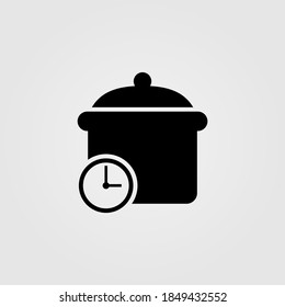 Cooking time icon. Cooker with timer clock symbol. Meal time, meal preparation sign. Vector illustration.