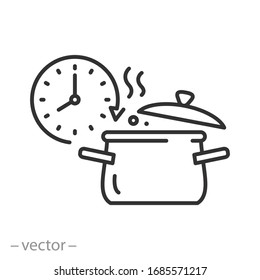 cooking time icon, fast prepare meal, timer cook food, pan with clock, thin line web symbol on white background - editable stroke vector illustration eps10