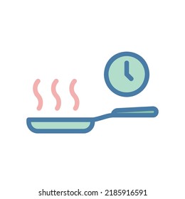 Cooking time icon with frying pan and clock in colorful filled line style