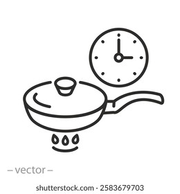 cooking time icon, frying pan on fire, timer cook food, thin line vector illustration eps10