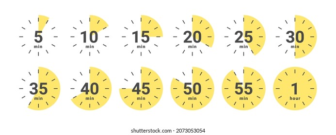 Cooking time icons for food. Stopwatch icons. Icons of Time in minutes. Vector illustration