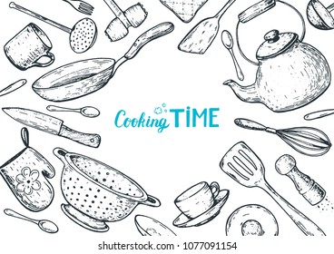 Cooking time illustration. Kitchen utensils hand drawn vector illustration. Cooking time sketch collection. Different kitchen utensils set.