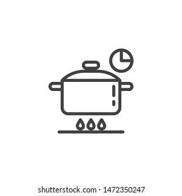 Cooking time instructions line icon. Food preparation linear style sign for mobile concept and web design. Pan on fire stove and clock outline vector icon. Symbol, logo illustration. Vector graphics