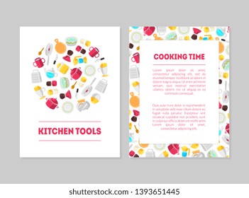Cooking Time, Kitchen Tools Banner Templates Set, Cards with Place for Text and Cooking Utensils, Design Element Can Be Used for Card, Label, Invitation Vector Illustration