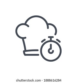 Icono de línea horaria de cocina. Sombrero de chef con signo de contorno vectorial de temporizador.