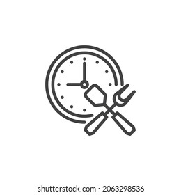 Icono de línea horaria de cocina. signo de estilo lineal para concepto móvil y diseño web. Reloj con icono vectorial de contorno de horquilla y cuchara. Símbolo, ilustración del logotipo. Gráficos vectoriales