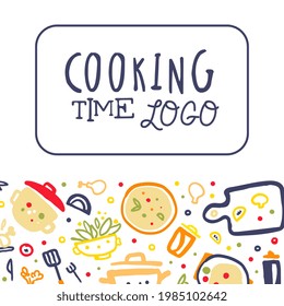 Cooking Time Logo Banner, Cooking Class Poster, Card with Kitchenware Utensils and Ingredients Seamless Pattern Vector Illustration