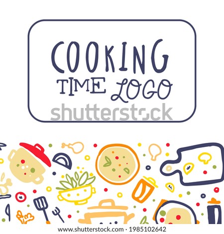 Cooking Time Logo Banner, Cooking Class Poster, Card with Kitchenware Utensils and Ingredients Seamless Pattern Vector Illustration