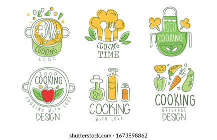 Cooking Time Logo Design Collection, Culinary Class, Kitchen, Cuisine Hand Drawn Badges Vector Illustration