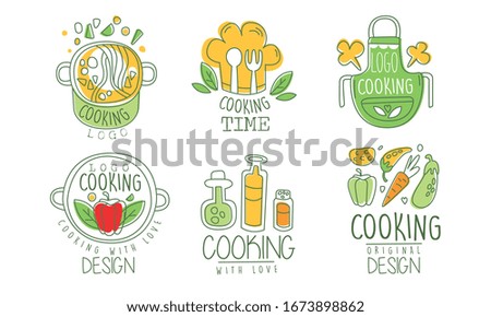Cooking Time Logo Design Collection, Culinary Class, Kitchen, Cuisine Hand Drawn Badges Vector Illustration