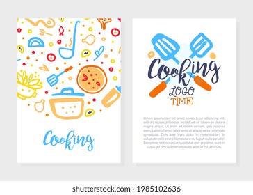 Cooking Time Logo Design, Culinary School, Class, Blog Flyer, Card, Brochure with Kitchenware Utensils, Cooking Ingredients Pattern and Space for Text Vector Illustration