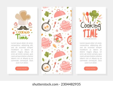 Cooking time logo design. Cooking school, culinary class, food studio landing page, web banner cartoon vector