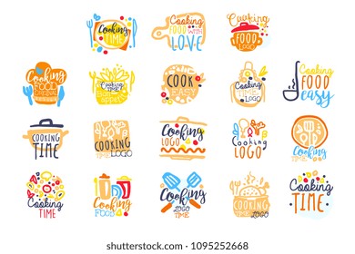 Cooking time logo design, set of colorful hand drawn vector illustrations